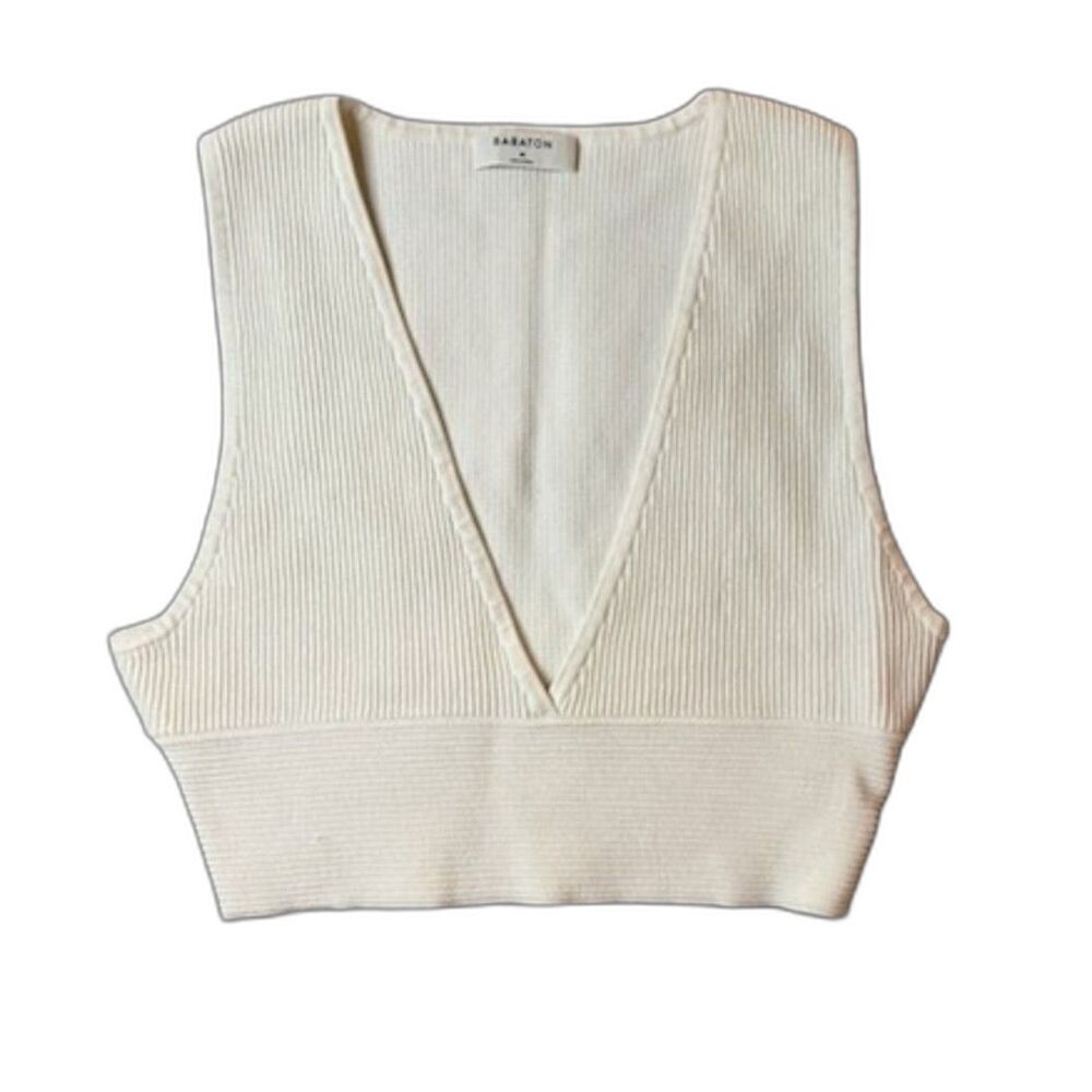 Babaton Aritzia Womens M Ivory Ribbed Knit Cropped Sweater Vest Deep V Neck